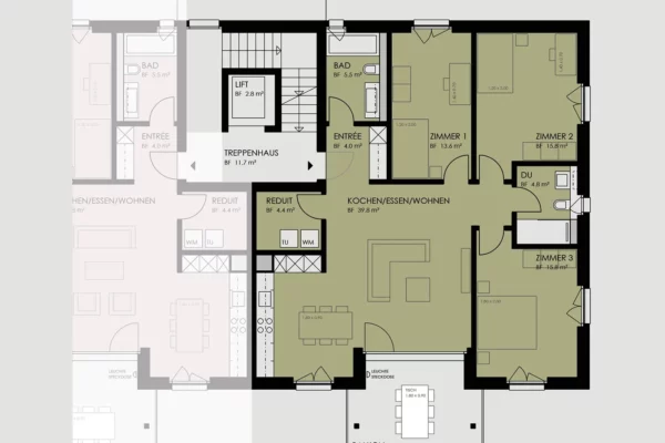 Der Grundriss der Wohnung auf der ersten Etage auf der rechten Seite mit dem Code C101 inklusive einem Einrichtungsvorschlag. Wohnung kaufen in Saland.