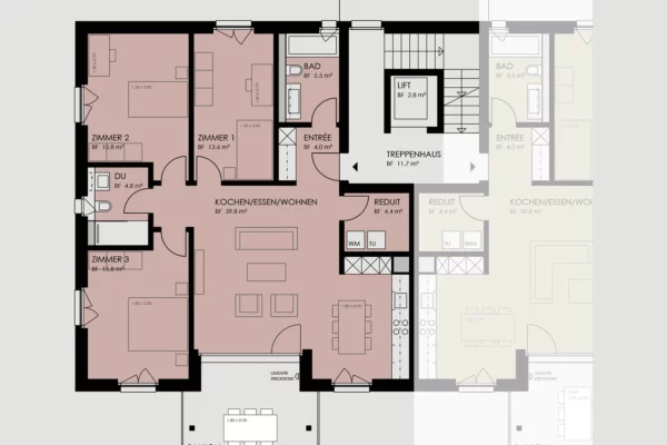 Der Grundriss der Wohnung auf der ersten Etage auf der linken Seite mit dem Code C102 inklusive einem Einrichtungsvorschlag. Wohnung kaufen in Saland.