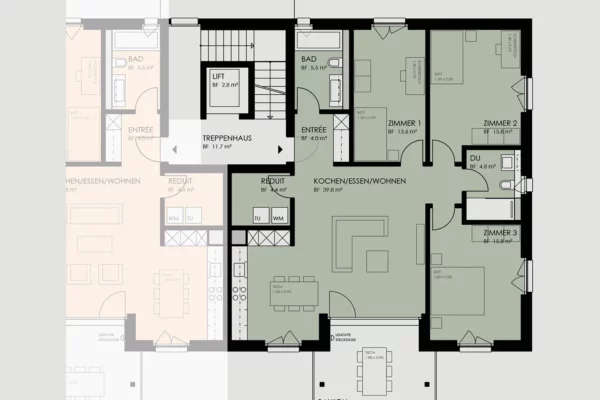 Der Grundriss der Wohnung auf der zweiten Etage auf der rechten Seite mit dem Code C201 inklusive einem Einrichtungsvorschlag. Wohnung kaufen in Saland.