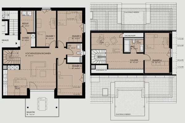 Der Grundriss der 5.5-Zimmer-Wohnung auf der dritten und vierten Etage auf der rechten Seite mit dem Code C301 inklusive einem Einrichtungsvorschlag.