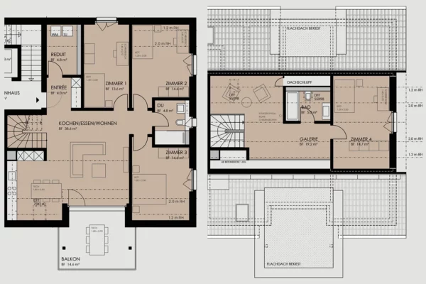 Der Grundriss der 5.5-Zimmer-Wohnung auf der dritten und vierten Etage auf der rechten Seite mit dem Code C301 inklusive einem Einrichtungsvorschlag. Wohnung kaufen in Saland.