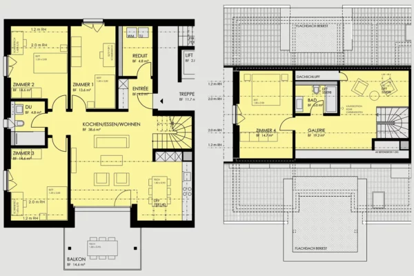 Der Grundriss der 5.5-Zimmer-Wohnung auf der dritten und vierten Etage auf der linken Seite mit dem Code C302 inklusive einem Einrichtungsvorschlag.