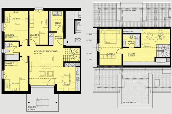 Der Grundriss der 5.5-Zimmer-Wohnung auf der dritten und vierten Etage auf der linken Seite mit dem Code C302 inklusive einem Einrichtungsvorschlag. Wohnung kaufen in Saland.